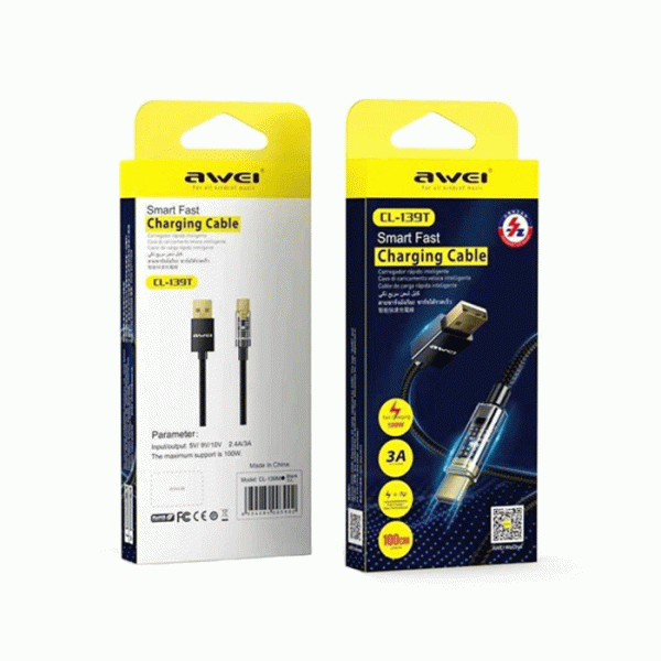 AWEI CL-139T Καλώδιο Φόρτισης και Μεταφοράς Δεδομένων DATA CABLE 1M USB Σε Type-C 100W - Χρώμα: Μάυρο