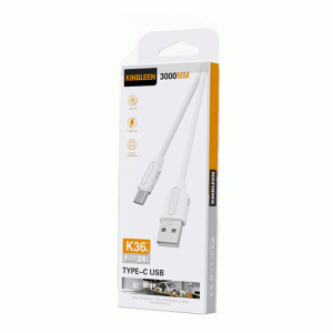 KINGLEEN K36S Καλώδιο Φόρτισης και Μεταφοράς Δεδομένων 3M / Charging And DATA CABLE USB ΣΕ Type-C 2.4A - Χρώμα: Λευκό