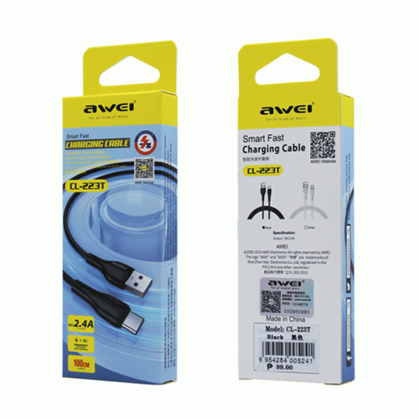 AWEI CL-223T Καλώδιο Φόρτισης και Μεταφοράς Δεδομένων DATA CABLE USB Σε TYPE-C 1Μ Χρώμα : Μαυρο