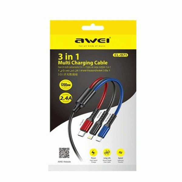 AWEI CL-971 Καλώδιο Φόρτισης και Μεταφοράς Δεδομένων DATA CABLE 1.2M Braided USB Σε micro USB / Type-C / Lightning Cable 2.4A - Χρώμα: Μάυρο